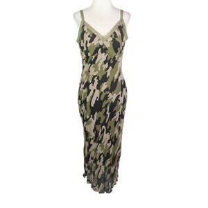 Vintage Y2K Olive Green Camo Midi Slip Dress w/ Rhinestones M